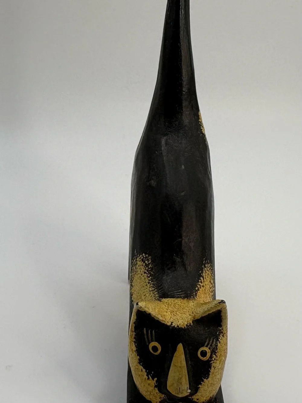 Vintage Bali Wood Hand Carved Long Tail Cat Figurine Black Cream Folk Art Decor